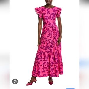Elegant Pink Leaf Print Maxi Dress